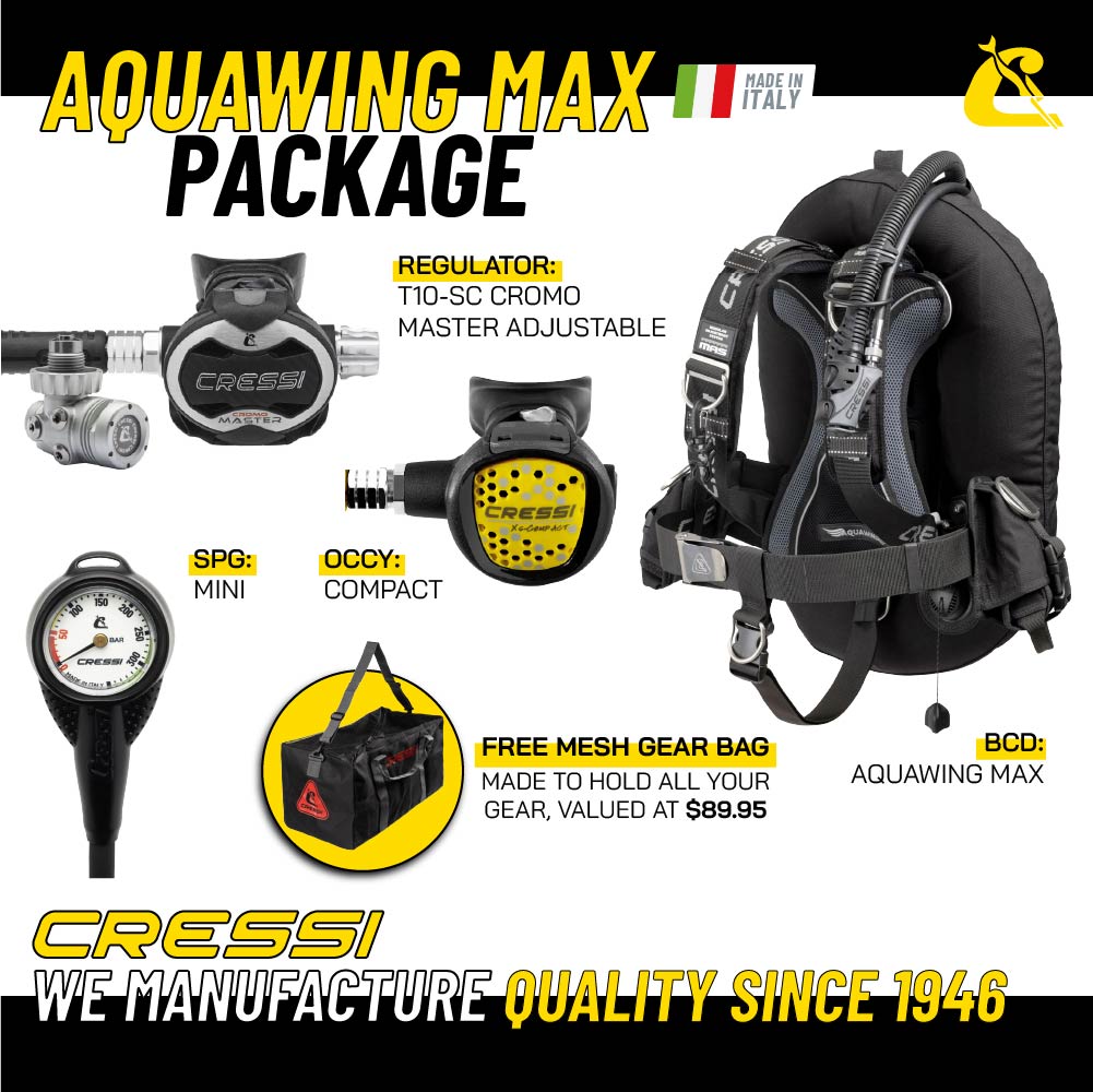 Cressi Aquawing T10 hardware package by Bucket List Diver, featuring diving wing and accessories for scuba gear setup