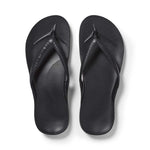 Black Archies arch support thong footwear with cushioned footbed and thong strap, designed for comfort and stability.