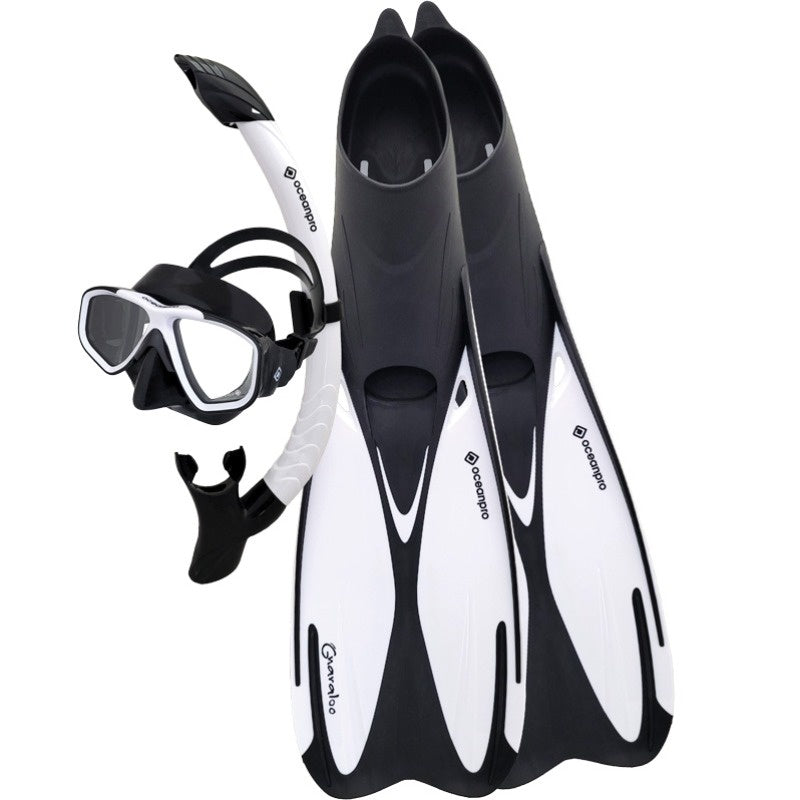 Ocean Pro Gnaraloo snorkel mask, fins, and snorkel set with clear mask and black fins for snorkeling adventures.