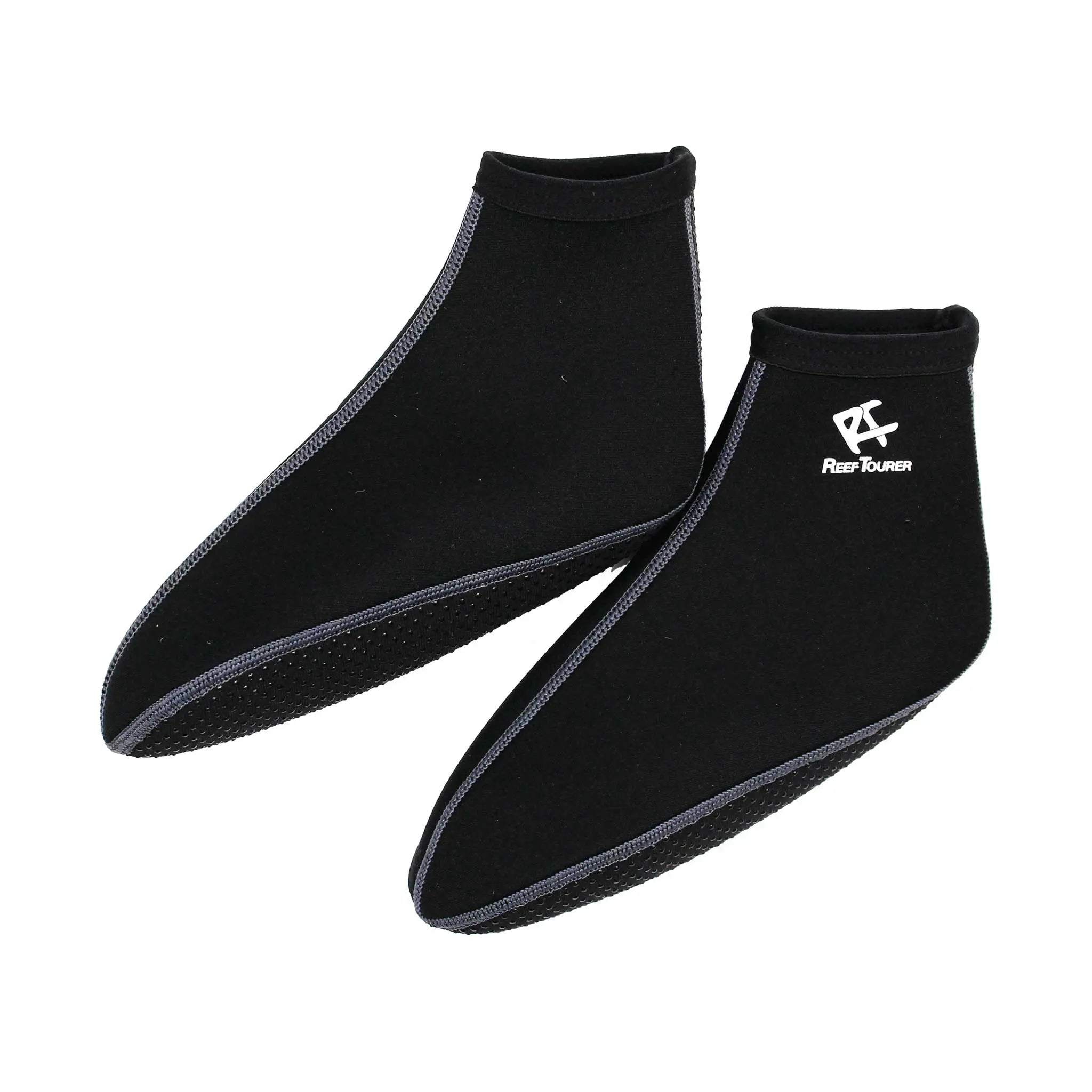 Reef Tourer snorkelling fins socks in black, lightweight neoprene with adjustable straps for comfort and protection during water activities.