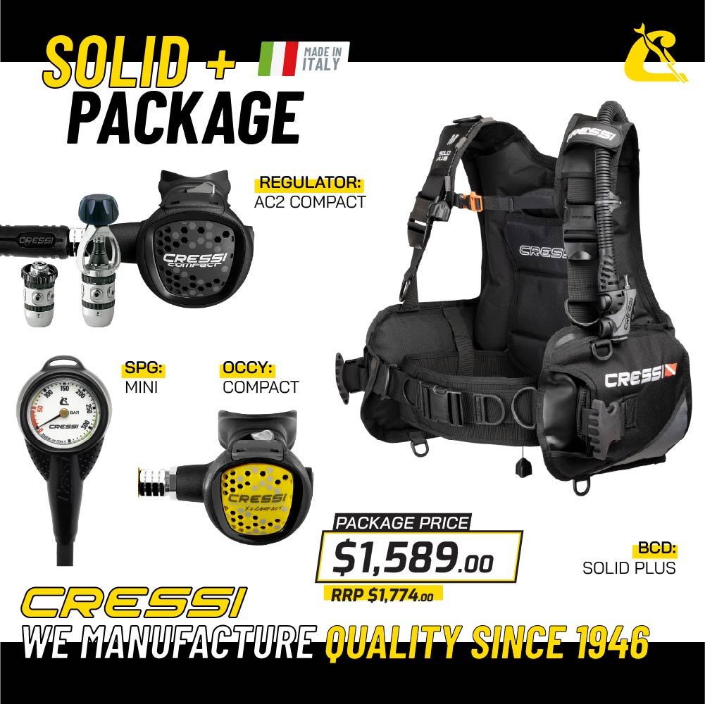 Cressi Solid Package by Bucket List Diver, featuring a durable scuba diving gear set with fins, mask, and snorkel components.