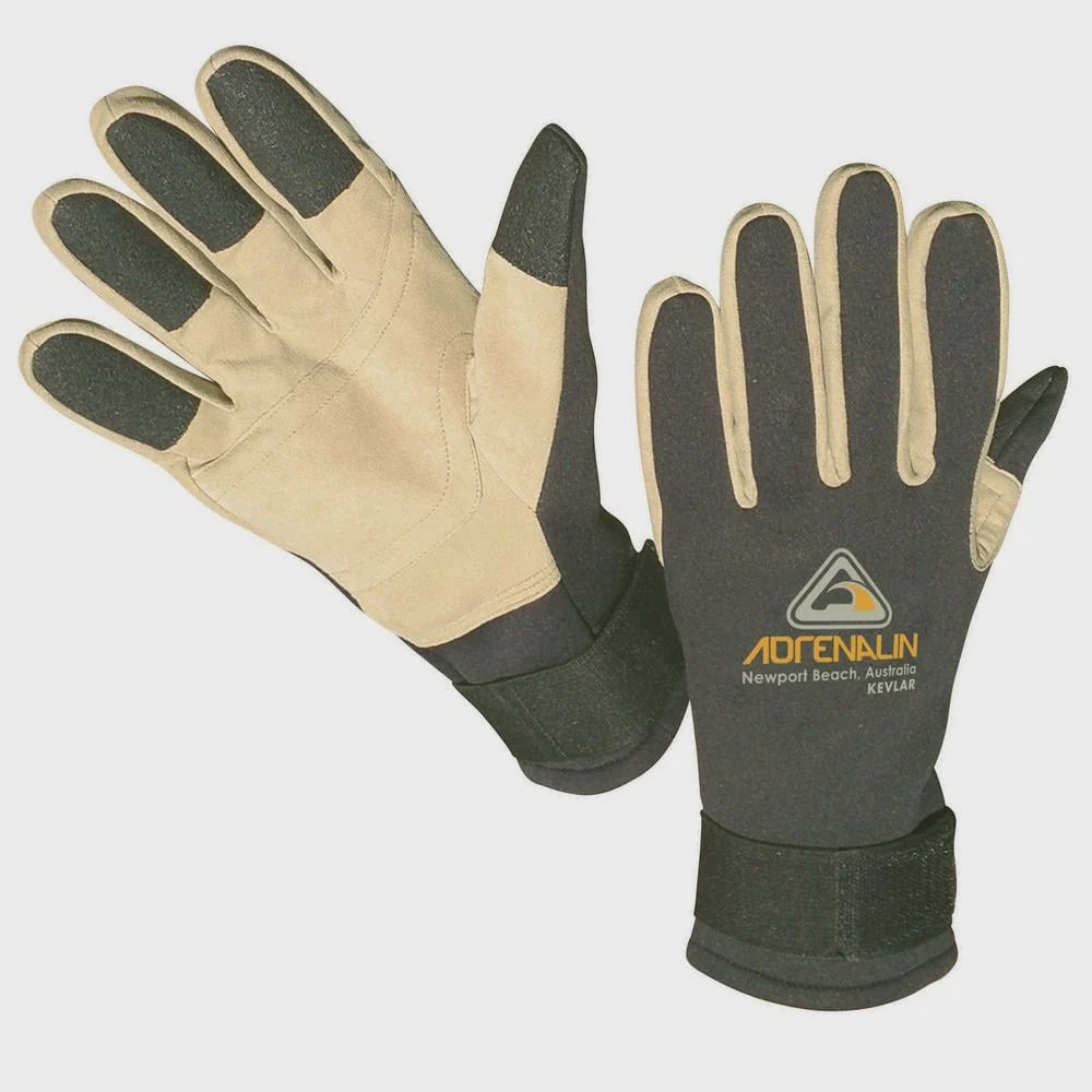 Adrenalin HDX Kevla/Amara dive gloves showing black and blue neoprene gloves with textured palm grip.