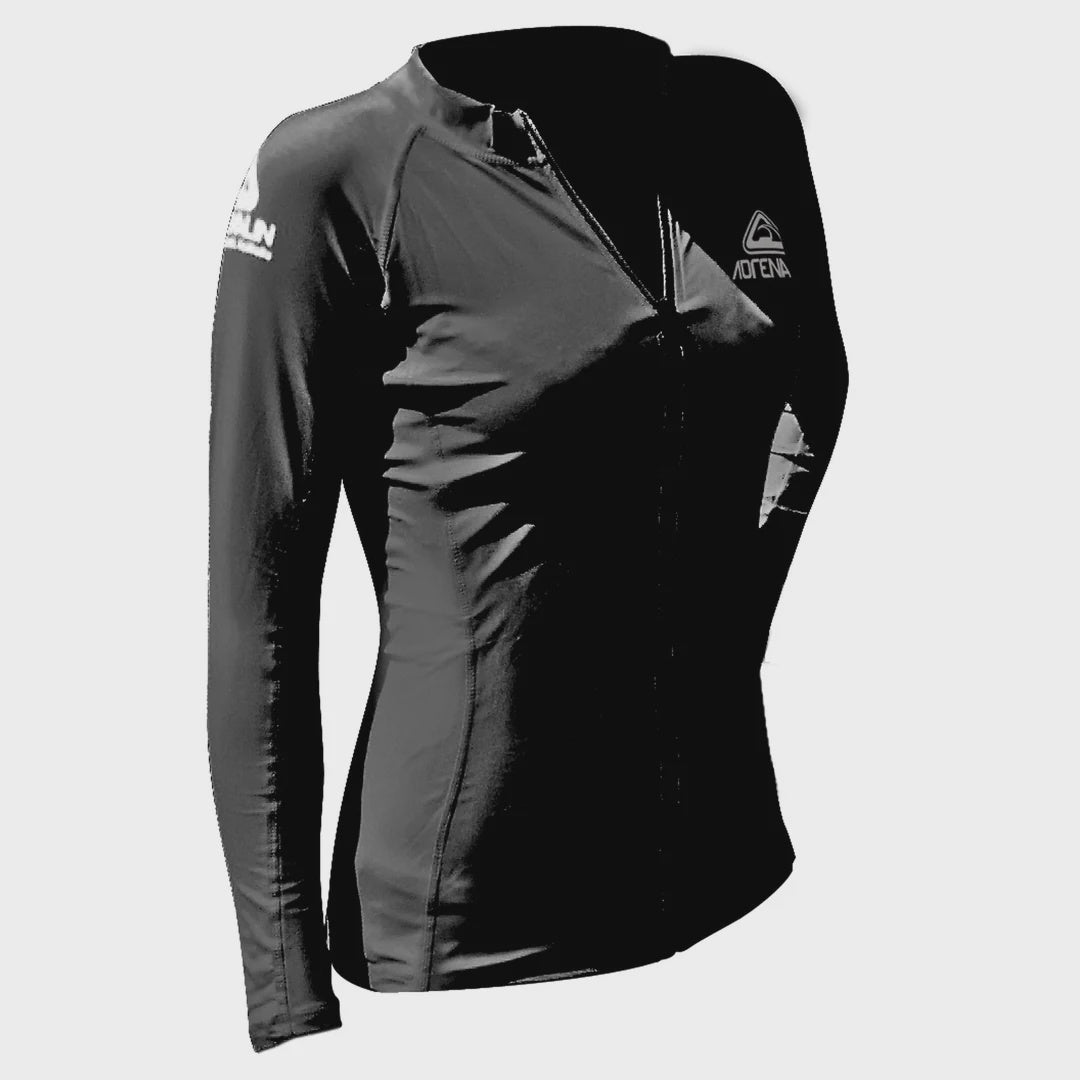Aqua Adrenalin Beach Ladies Zip Long Sleeve Rashie, lightweight swim rash top with zipper and long sleeves for sun protection and comfort.