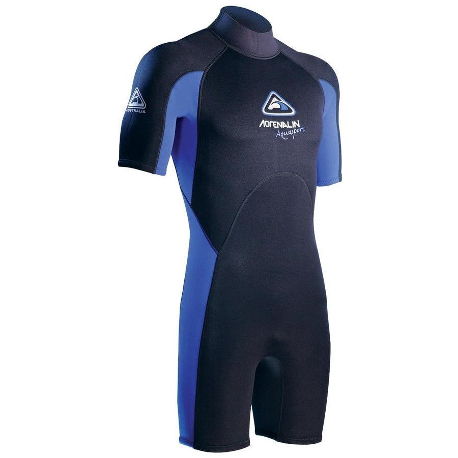 Adrenalin Aquasport men's spring suit wetsuit with short sleeves and chest zip, designed for water sports and surfing.