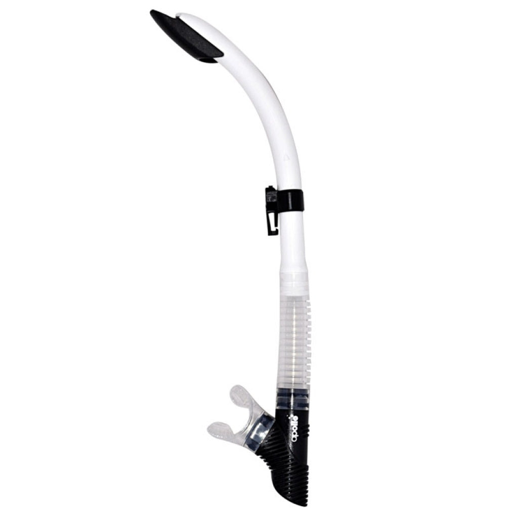 White Apollo SV Dry Flex Snorkel with adjustable mouthpiece and dry-top for comfortable snorkeling.