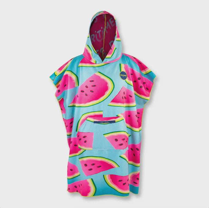 Watermelon Dritimes reversible poncho by Bucket List Diver, showing vibrant watermelon design and comfortable fit.