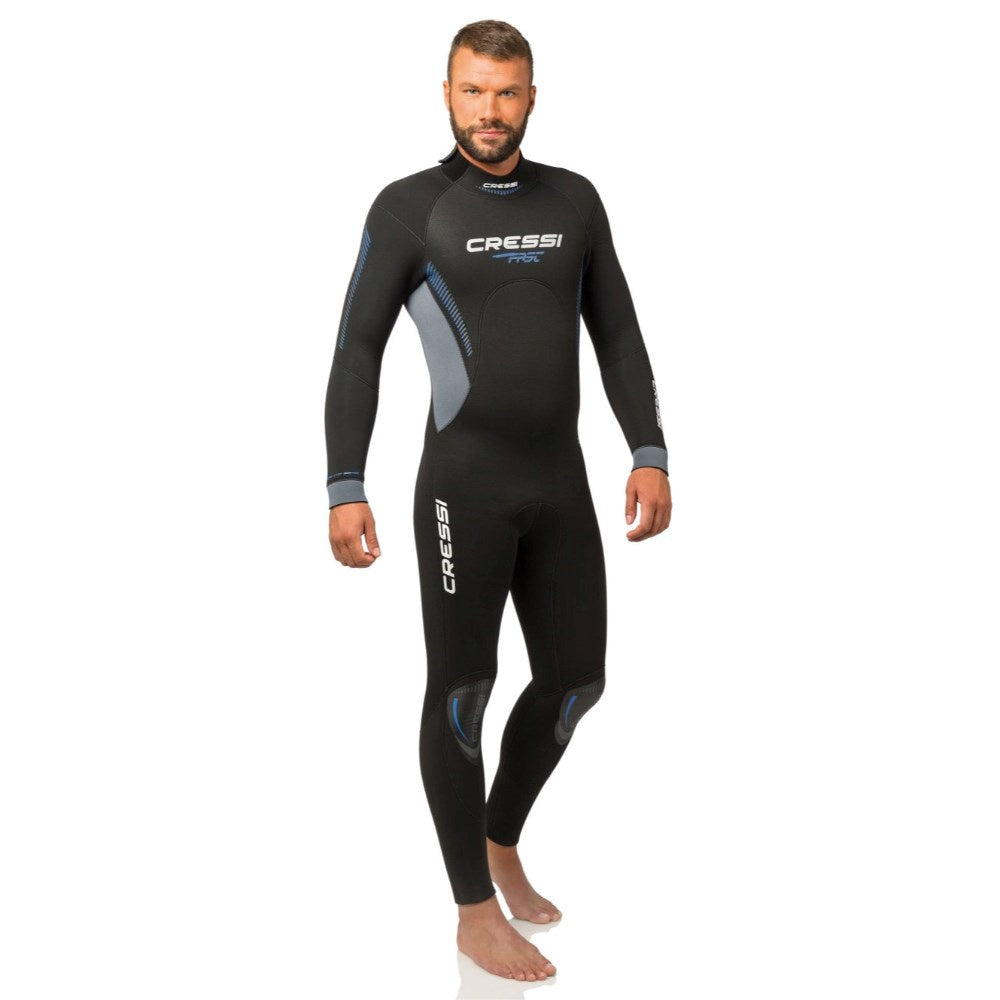 Cressi Fast Man 5mm full wetsuit, front view showing black and gray neoprene suit designed for diving and water sports
