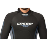 Cressi Fast Man 5mm full wetsuit displayed on a mannequin, showcasing its snug fit and durable neoprene material for diving and water sports.