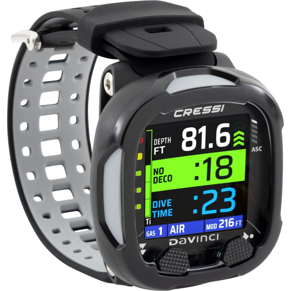 Cressi Da Vinci 2 Advanced wrist computer with black and blue display, showing digital interface and sensor buttons.