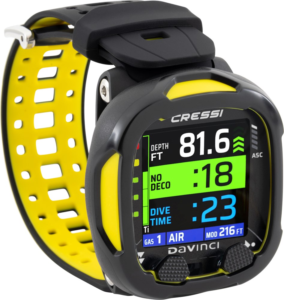 Cressi Da Vinci 2 Advanced wrist computer in black and blue with digital display and multiple control buttons.