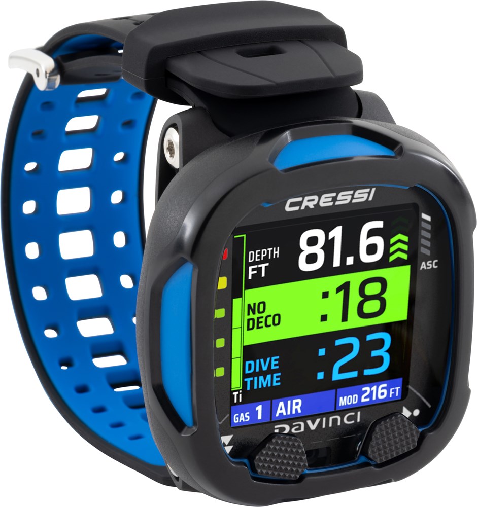Cressi Da Vinci 2 wrist computer in black and blue, advanced diving watch with digital display and multiple features.