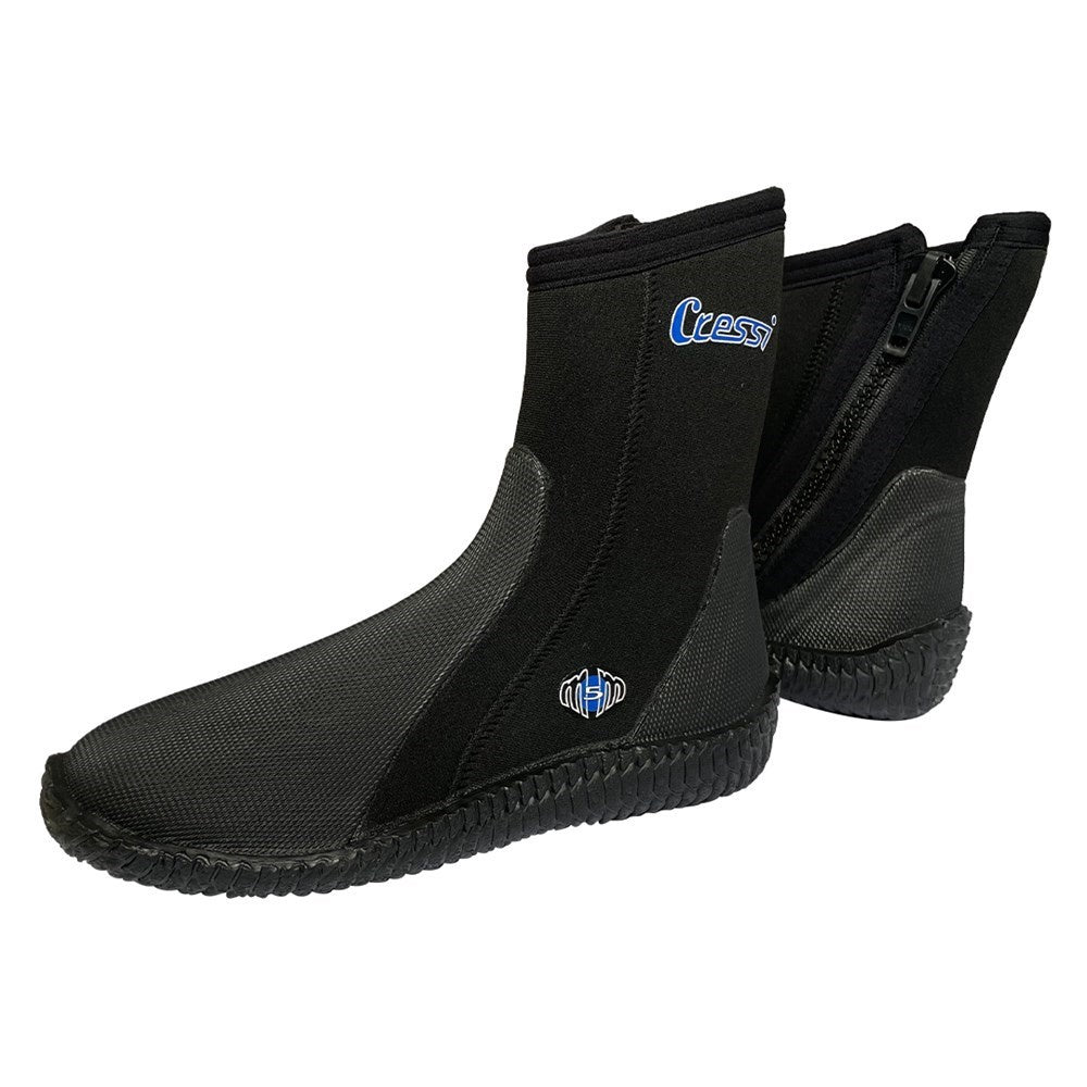 Cressi sports boots, durable neoprene footwear designed for diving and water sports, shown in black with reinforced soles.