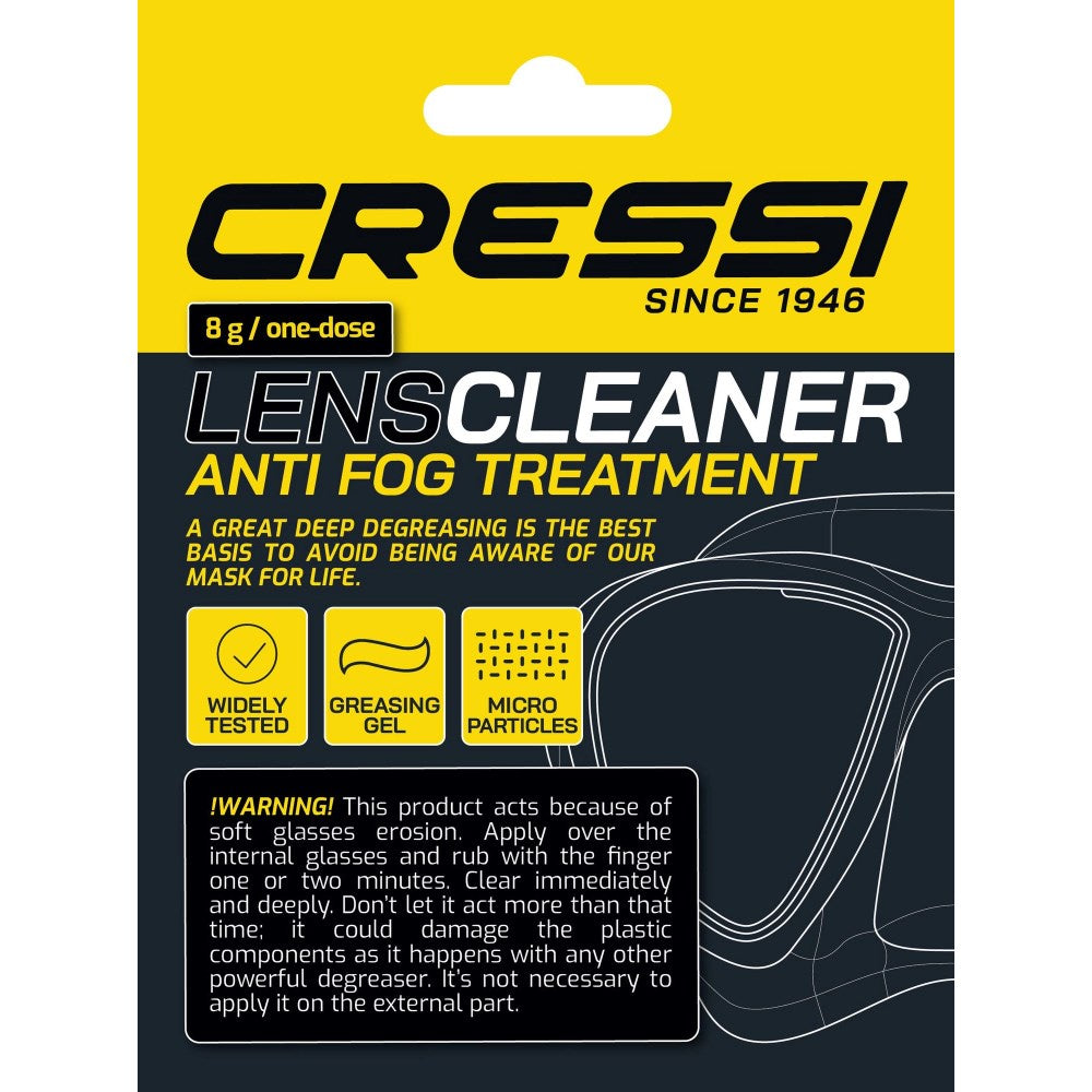Cressi Mask Pre-Clean Anti-Fog solution for care and maintenance, shown in a clear bottle with label and cap.