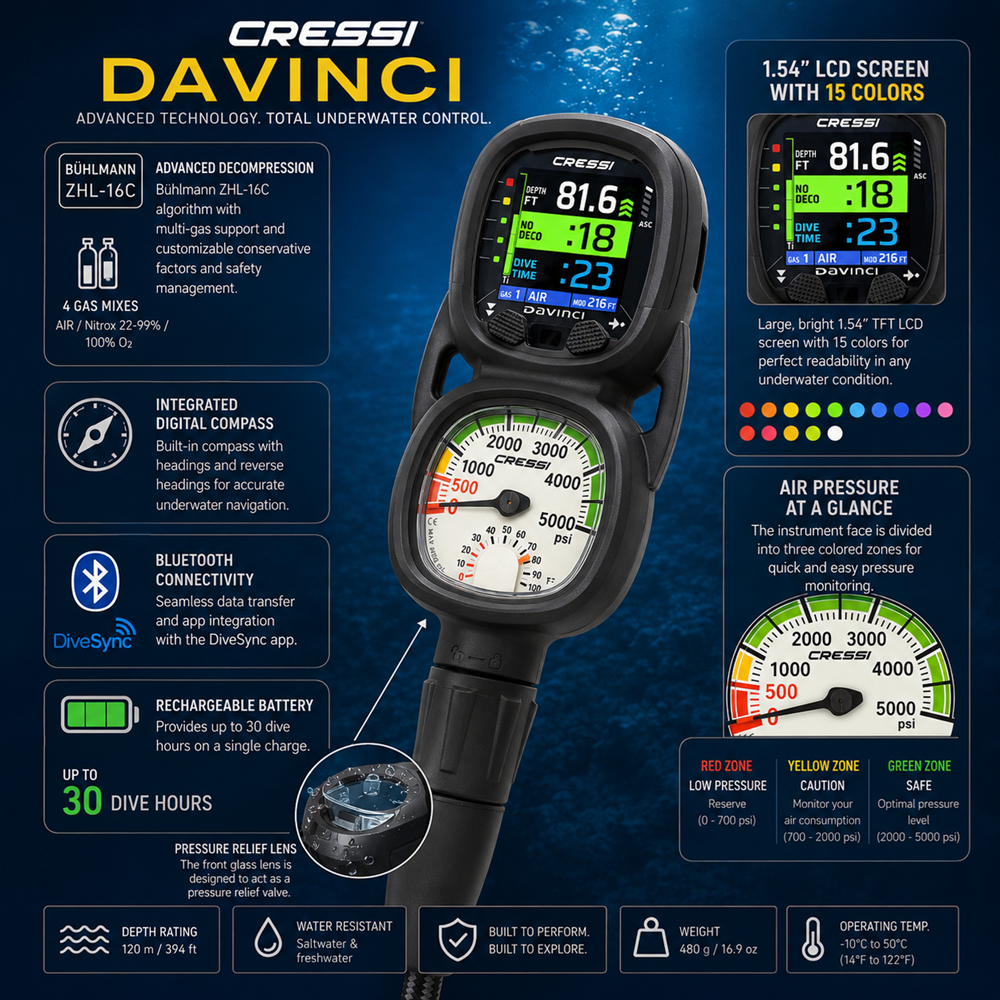 Cressi Da Vinci Console 2 with digital display and control buttons for scuba diving and underwater activities.