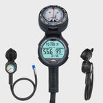 Cressi Donatello Console 3, black and digital display console for scuba diving equipment, mounted on a diving tank.