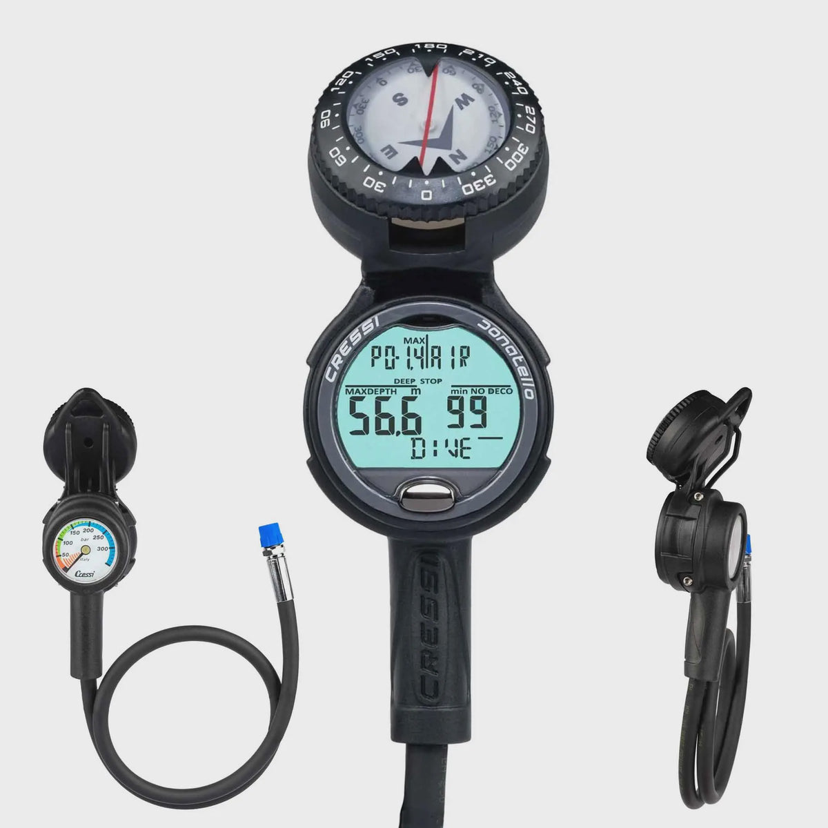 Cressi Donatello Console 3, black and digital display console for scuba diving equipment, mounted on a diving tank.