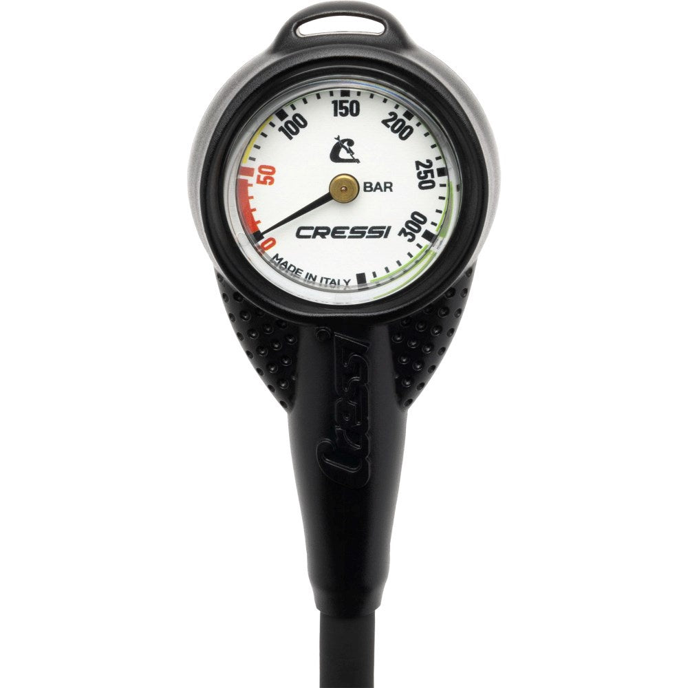 White Cressi Mini SPG pressure gauge for diving consoles, showing dial with pressure readings and branding.