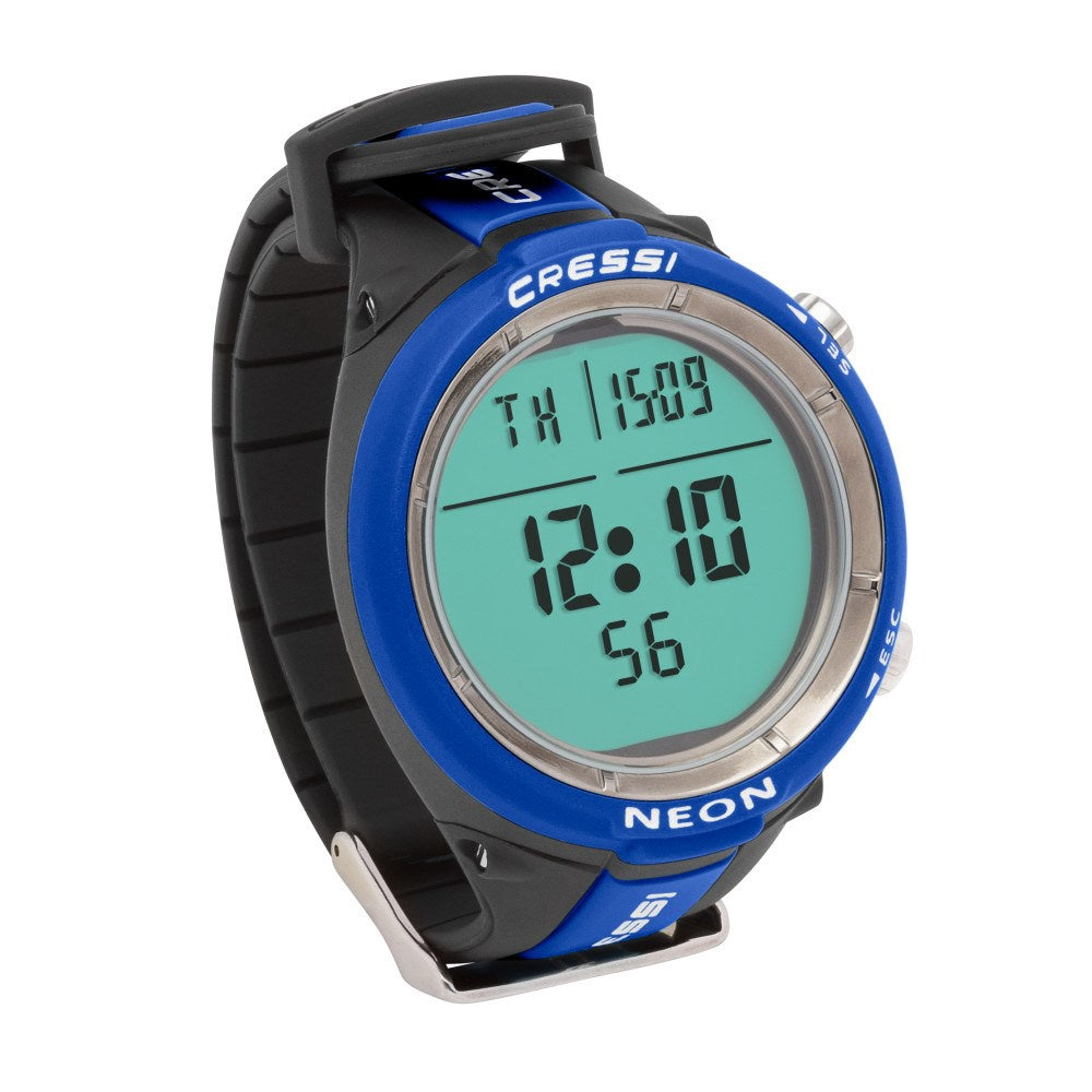 Cressi Neon wrist dive computer in blue, an entry-level scuba diving device with digital display and user-friendly interface.