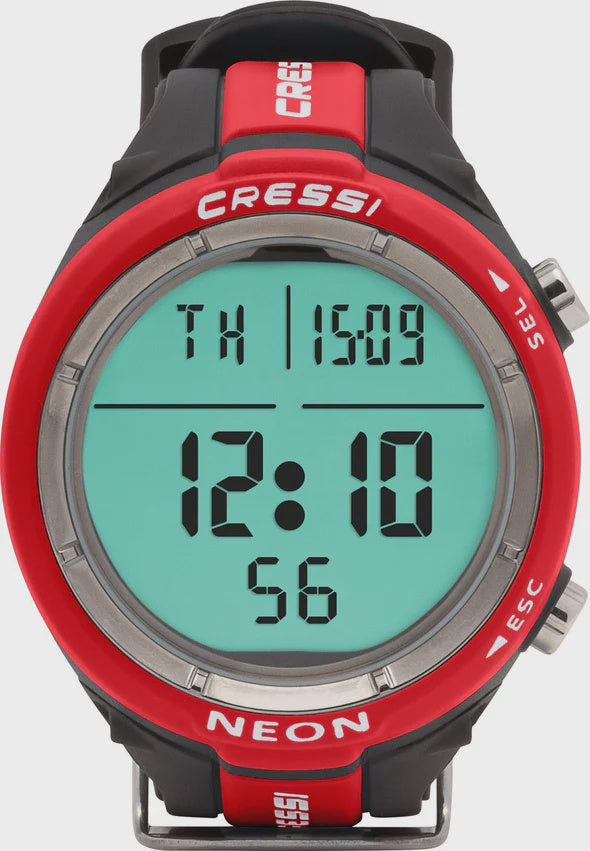 Cressi Neon wrist dive computer in blue, an entry-level scuba diving device with digital display and user-friendly features.