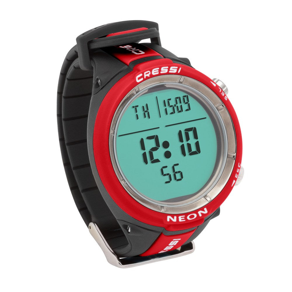 Cressi Neon wrist dive computer in blue, entry-level model, with digital display and adjustable strap for scuba diving.