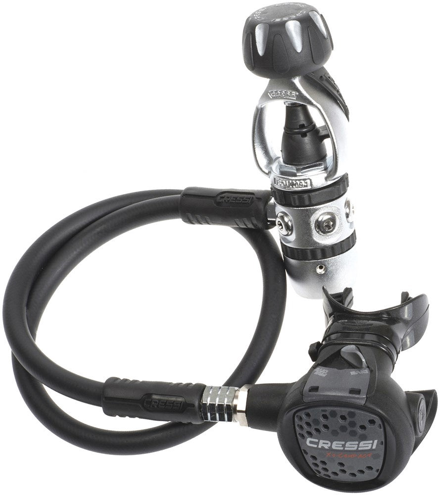 Cressi AC2 compact regulator, first and second stage, designed for scuba diving with no alternate air source.