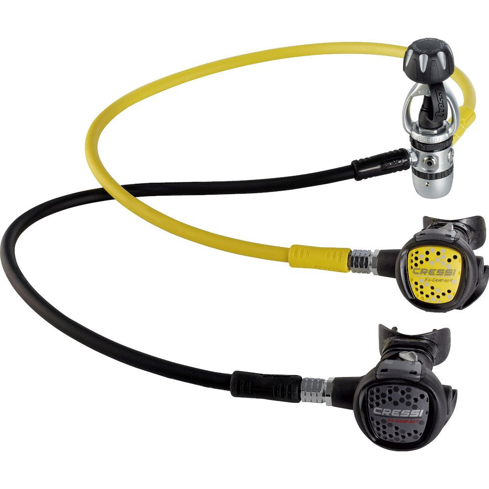 Cressi AC2 Compact Regulator with first and second stage yoke for scuba diving equipment.