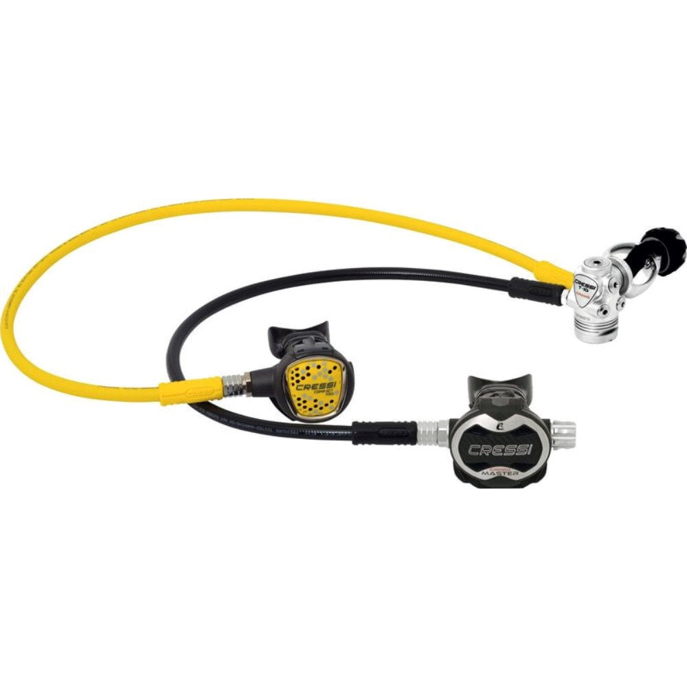 Cressi T10 SC Cromo master regulator with first and second stage, showing chrome finish and yoke connection for scuba diving.