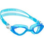 Aquamarine Cressi Fox Goggles with clear lenses, adjustable strap, and silicone seal for comfortable underwater swimming.