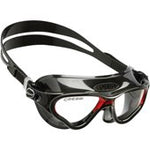 Cressi Cobra goggles with black and red strap, clear lenses, designed for swimming and snorkeling.