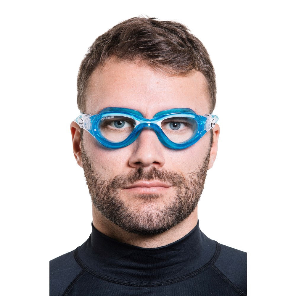 Cressi Flash Goggles with clear and blue tinted lenses, designed for snorkeling and water activities.