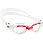 Clear blue Flash Goggles by Cressi with wide lens and adjustable strap, designed for snorkeling and water activities.