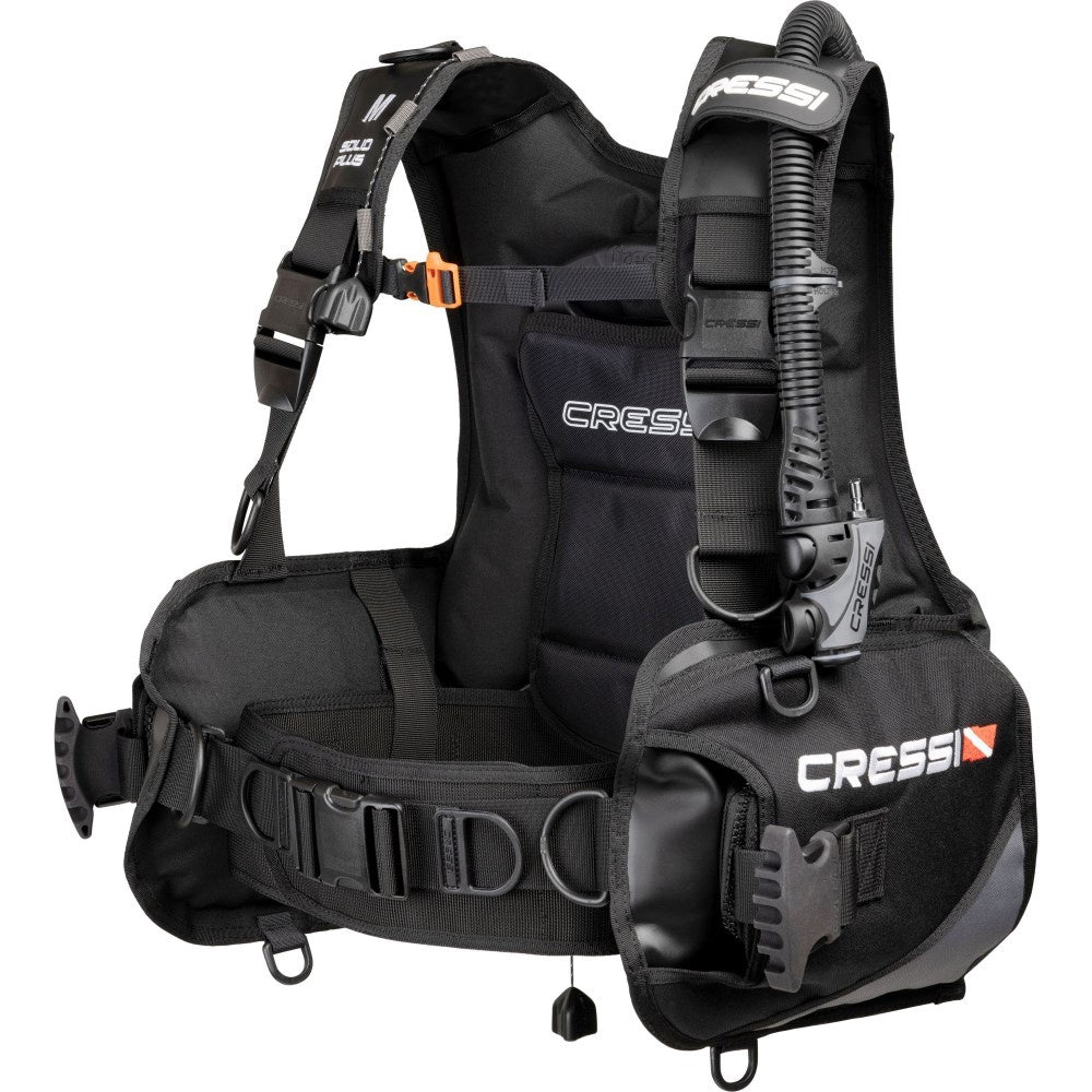 Cressi Solid Plus Jacket Style BCD for scuba diving, adjustable jacket with integrated weight system and multiple inflation options.
