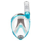 Cressi Baron full face mask and snorkel set in clear aquamarine with adjustable straps, designed for comfortable underwater exploration.
