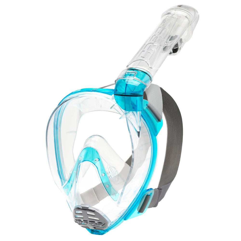 Cressi Baron full face mask and snorkel set in clear and aquamarine, size S, designed for comfortable snorkeling and underwater exploration.
