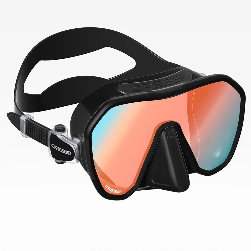 Cressi Z2 Mask with blue metal frame, clear lens, adjustable straps, designed for scuba diving and snorkeling.