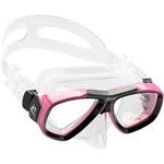 Clear pink Cressi Focus Mask with adjustable straps and wide lens for comfortable snorkeling and scuba diving.