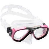 Clear pink Cressi Focus Mask with adjustable straps and wide lens for comfortable snorkeling and scuba diving.