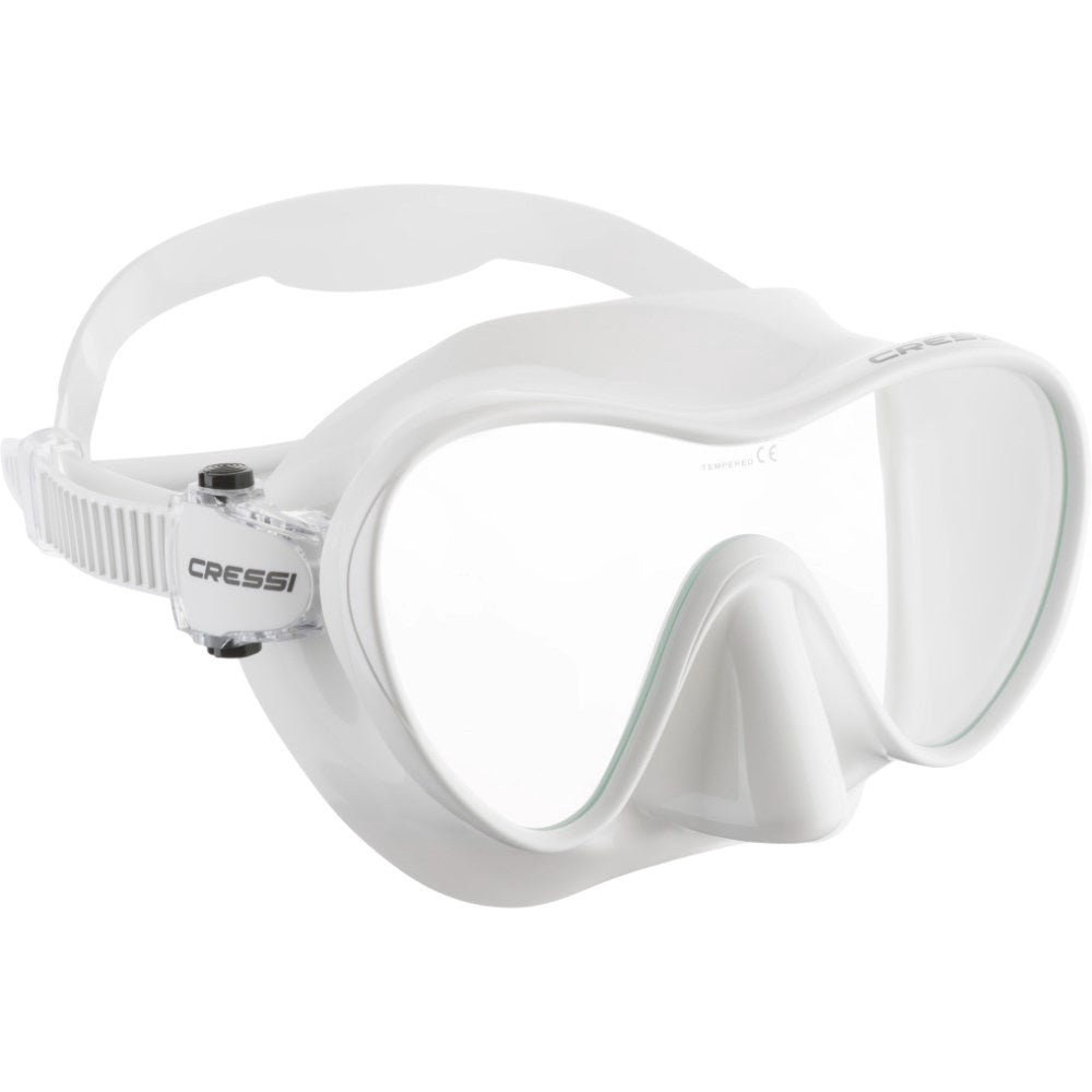 Pink Cressi F1 mask with clear lens and adjustable strap for scuba diving and snorkeling.