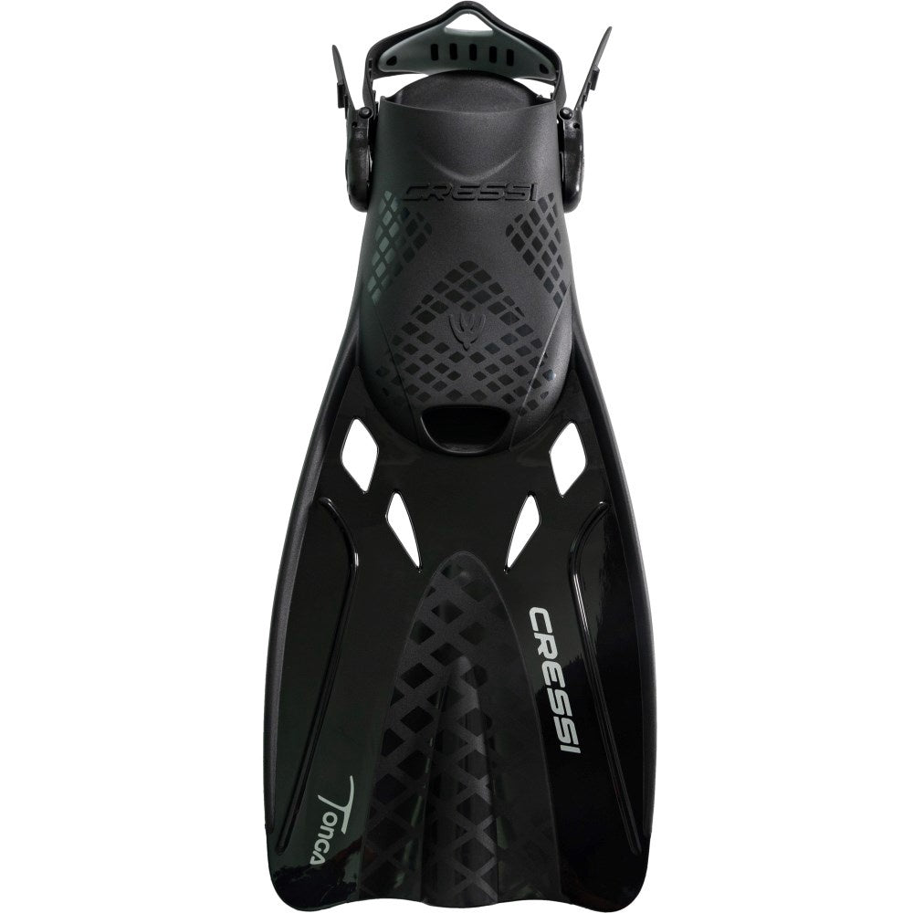 Cressi Tonga snorkeling and freediving fins in black, large size, showing lightweight design and foot pocket for water activity.