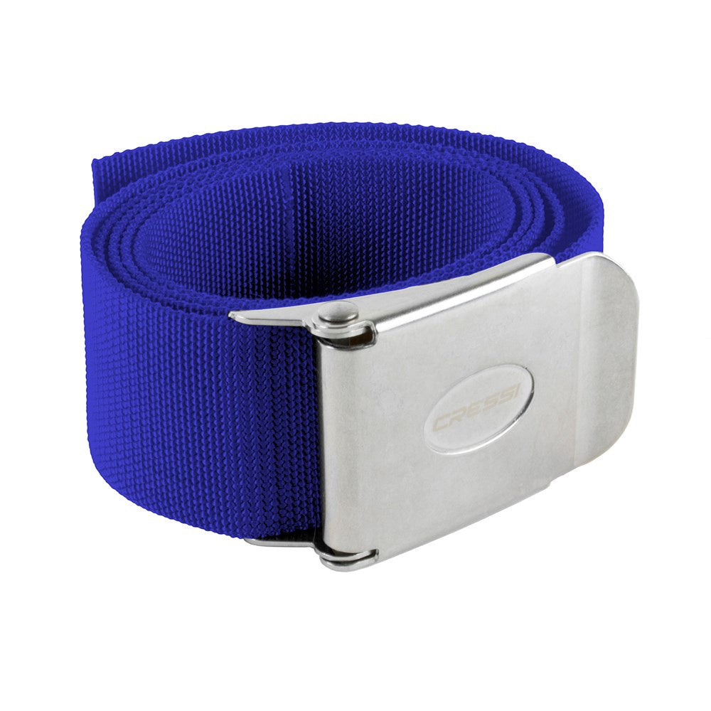 Blue 1.4m nylon weightbelt with stainless steel buckle by Cressi, designed for scuba diving and weight training.