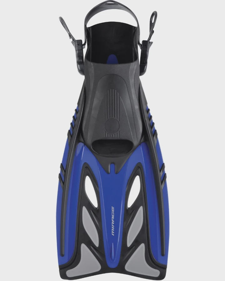 Blue and black Mirage Crystal fins for snorkeling and freediving, showing the sleek fin design and adjustable straps.