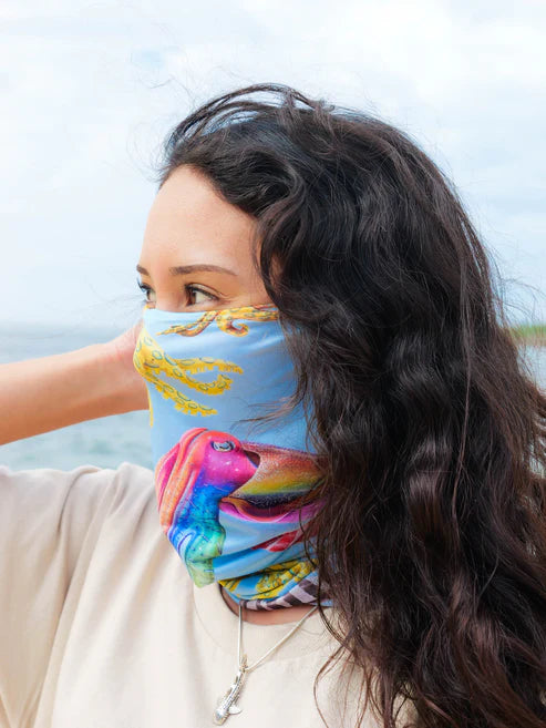 Diver Mon Art UV neck gaiter hood featuring a large turtle design, provides sun and hair protection.