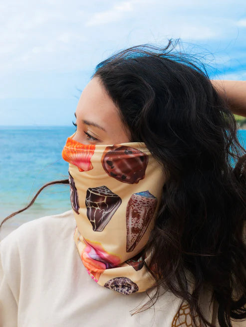 Diver Mon Art UV neck gaiter hood featuring a large turtle design for sun and hair protection, made of lightweight fabric.