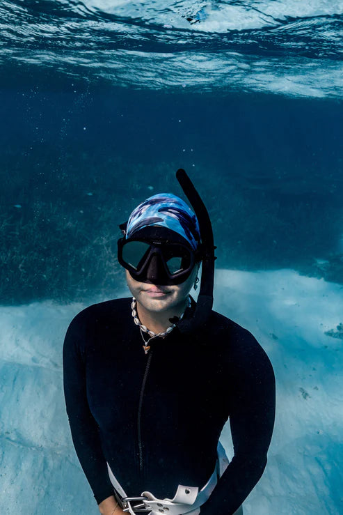 Diver Mon Art UV neck gaiter hood featuring a large turtle design, offering sun and hair protection.