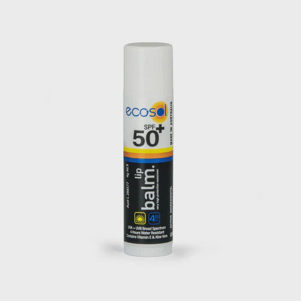 Ecosol SPF 50+ Sunscreen and Lip Balm tube with white cap and label, designed for sun protection and lip care