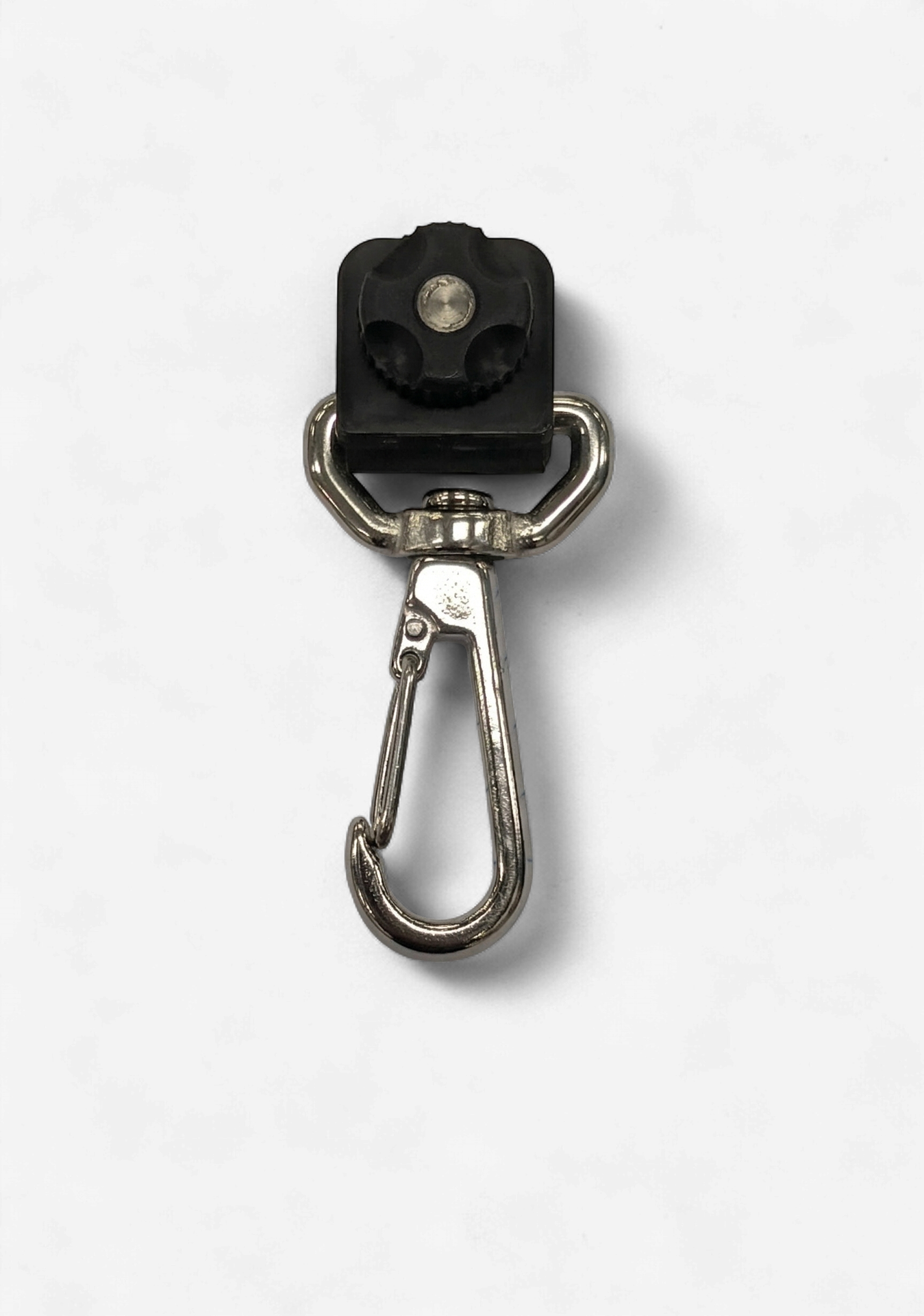 Stainless steel snap clip attached to a Gear Keeper lanyard, showcasing durable and secure fastening for key or ID holder.