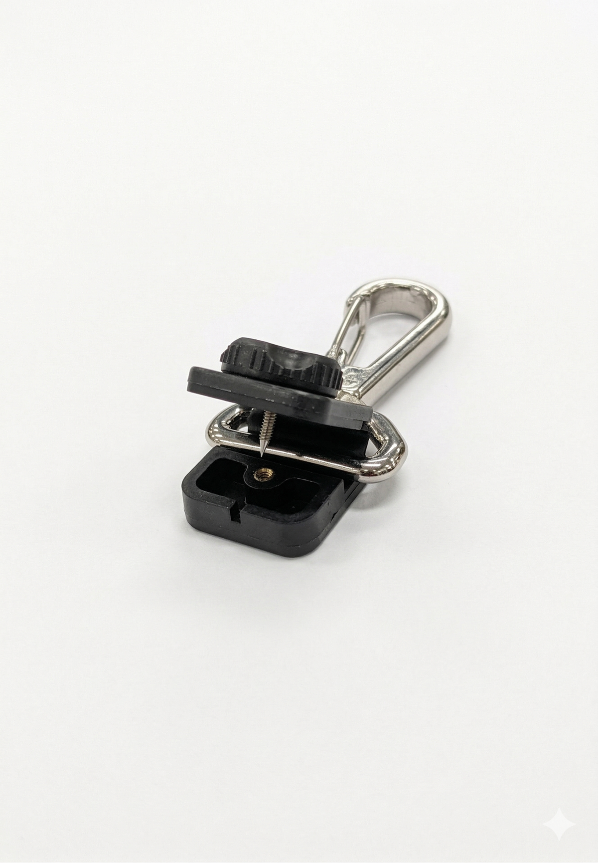Stainless steel snap clip attached to a gear keeper lanyard, designed for secure attachment and durability.