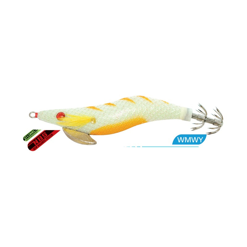 Jatsui Kabo Squid Jig White Magic lure for fishing, showing a white and red squid jig with detailed design and brand markings.