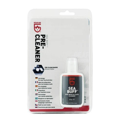 McNett Sea Buff Mask Pre Cleaner bottle used for care and maintenance of masks in a natural setting