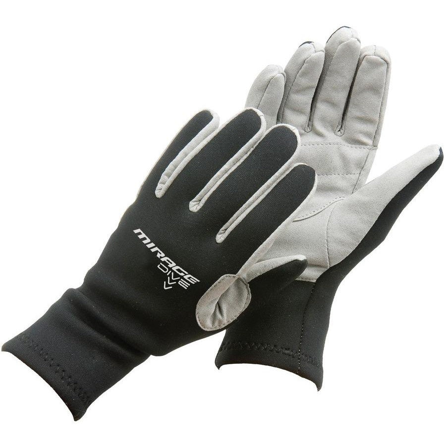 Mirage Explorer 2mm gloves in XS size, showing close-up of durable neoprene diving gloves with textured palm for grip.